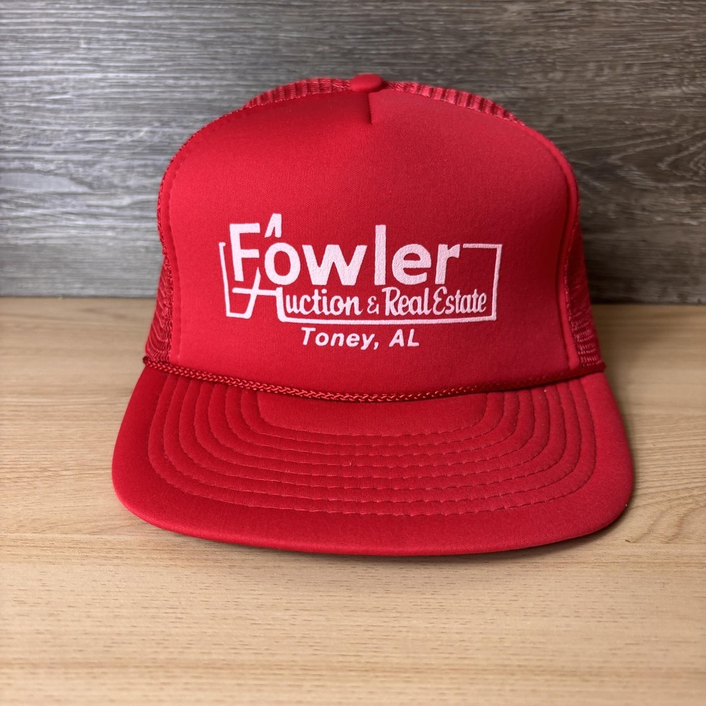 VINTAGE Fowler Auction & Real Estate Hat Cap Snap Back Red Trucker Foam Mens 90s